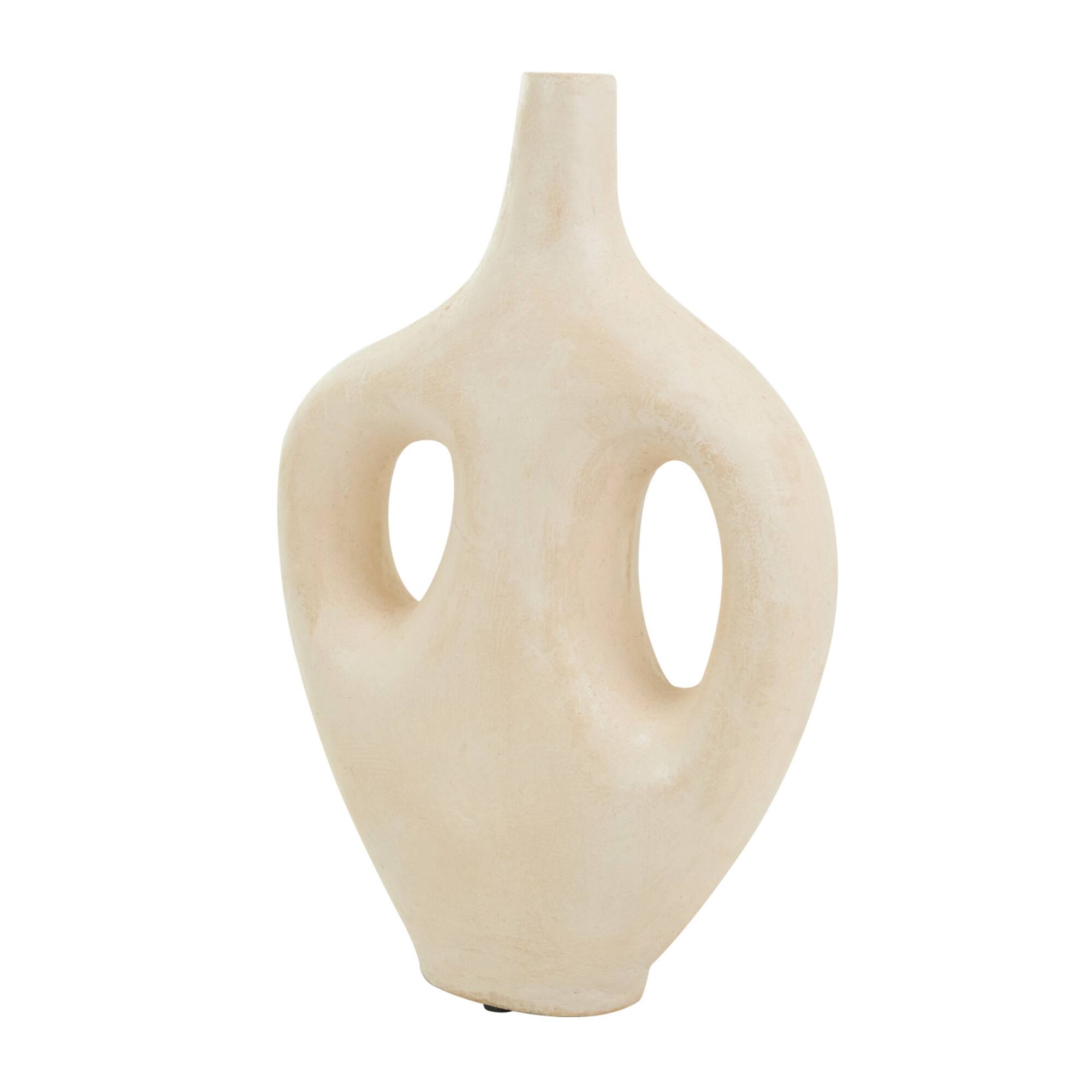 17" Beige Paper Mache Abstract Double Handle Vase